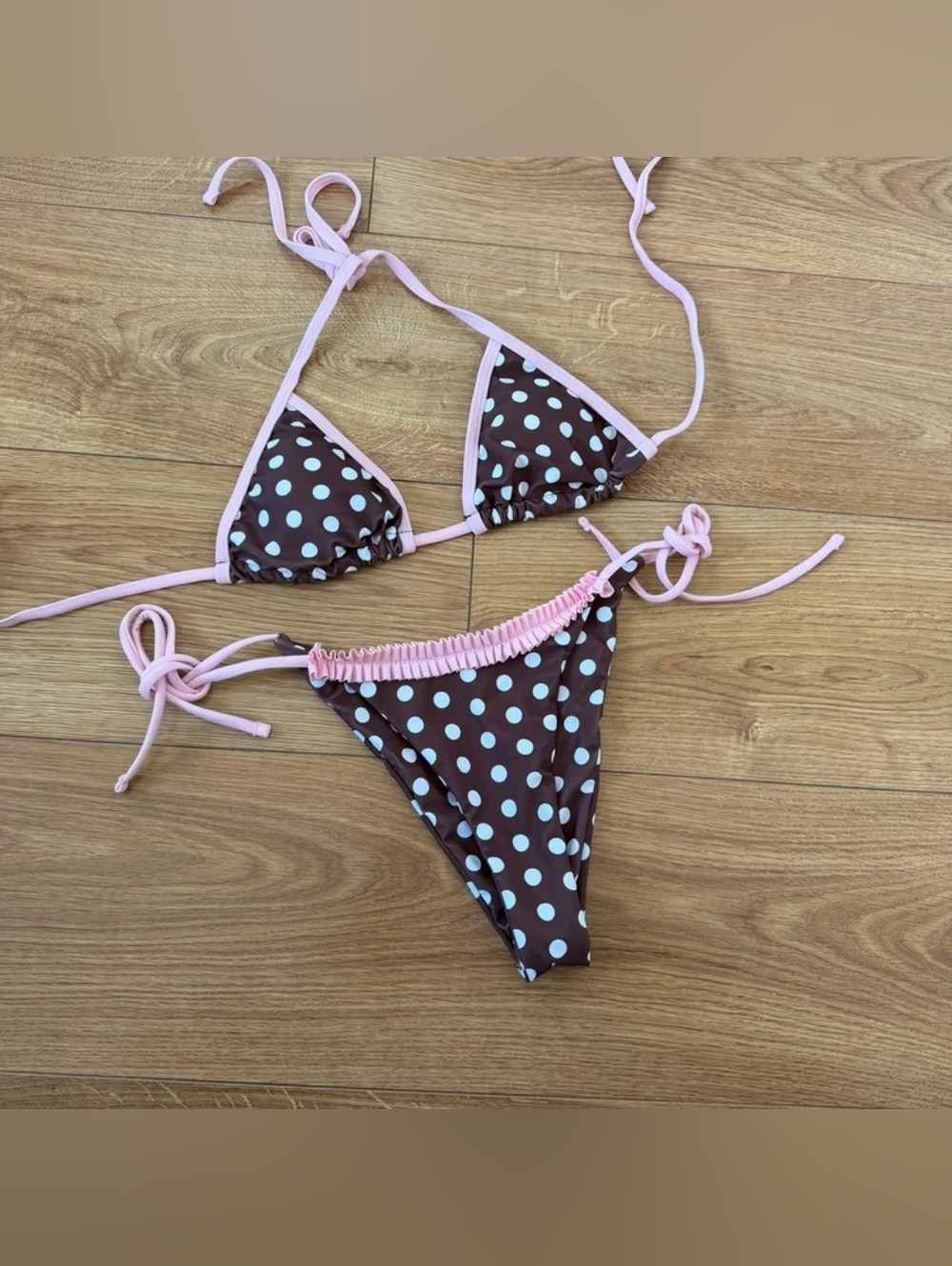 Polka Dot Triangle Bikini Set in Brown and Light blue with Pink Trim